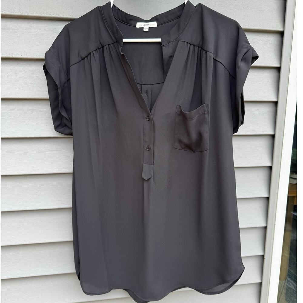 Pleione size L Long Black Short Cap Sleeve V Neck Dressy Blouse